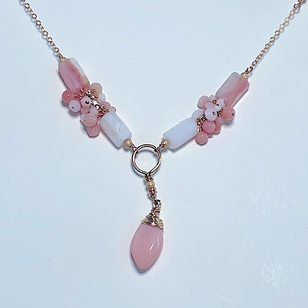 Gold filled necklace with pink and white Peruvian Opal gemstones. - Picture 3 of 6
